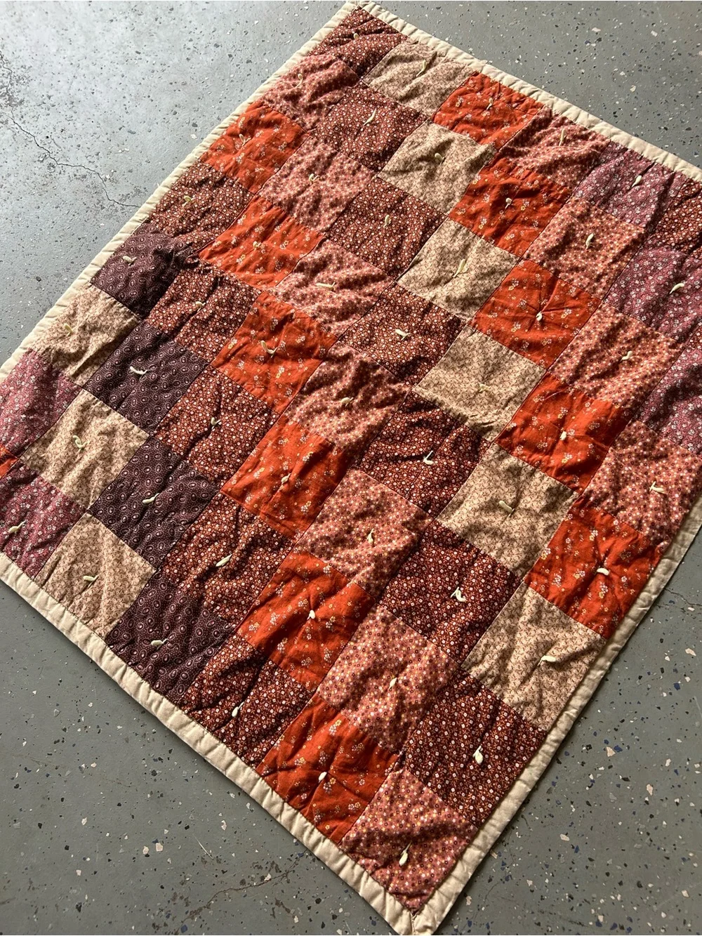 Handmade vintage. Rust & Brown Floral Patchwork Quilt